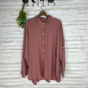 American Eagle Brick Red Salmon Linen Blend Oversized Button Down